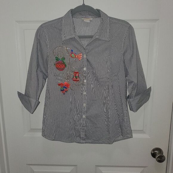 Gray and Red Button Down Shirt with Embroidery - Picture 1 of 5